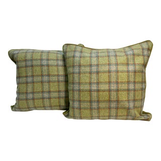 Pair of 20” Square Pillows With a Striking Chartreuse Green Wool Plaid Print - Made in U K For Sale