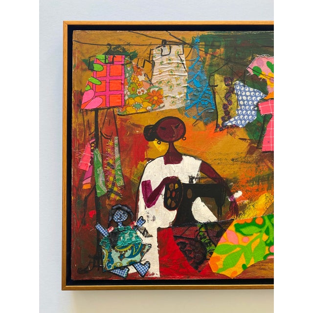 This Alizandro Valencia Manzo rare vintage Mexican Mid Century Modern " Costurera " custom framed signed original mixed...