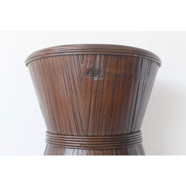 1990s Vintage Sculptural Dark Bamboo Rattan Hourglass Bowtie Pedestal Table For Sale - Image 5 of 15