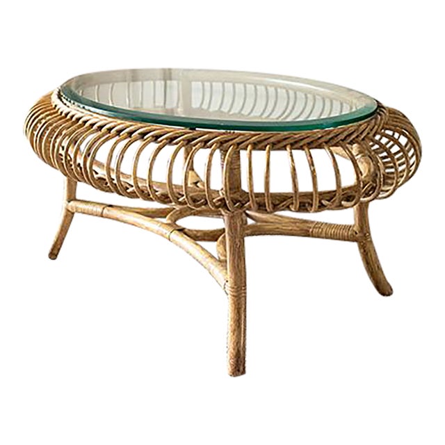 Vintage Coastal Boho Round Rattan and Glass Coffee Table For Sale