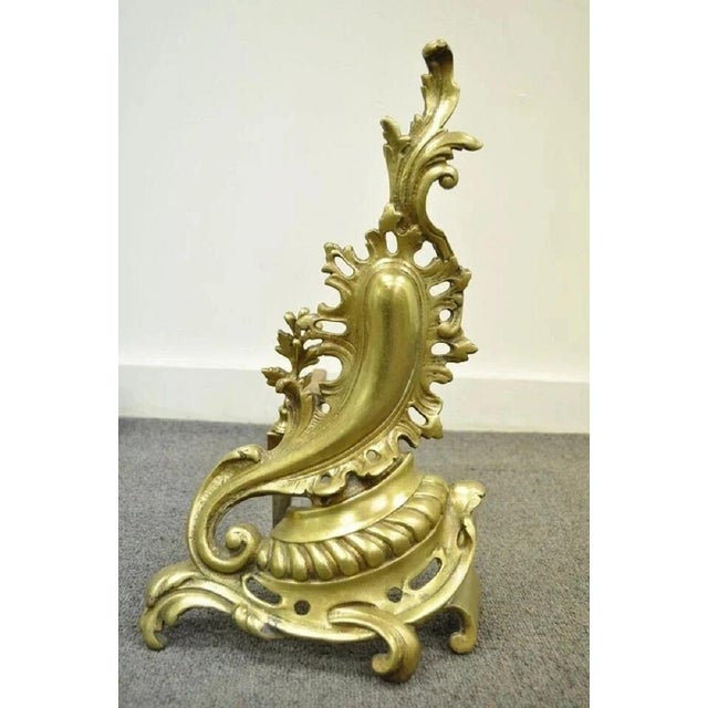 Rococo Antique French Louis XV Rococo Style Bronze Brass Acanthus Andirons - A Pair For Sale - Image 3 of 11