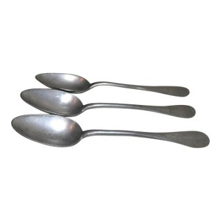 Large Rare Set 3 Antique 18th Century German Solid Heavy Cast Pewter Spoon 1700s For Sale