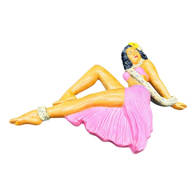 MCM Hawaiian Art Pottery Pin-Up Yellow Hula Girl Wall Sculpture For Sale