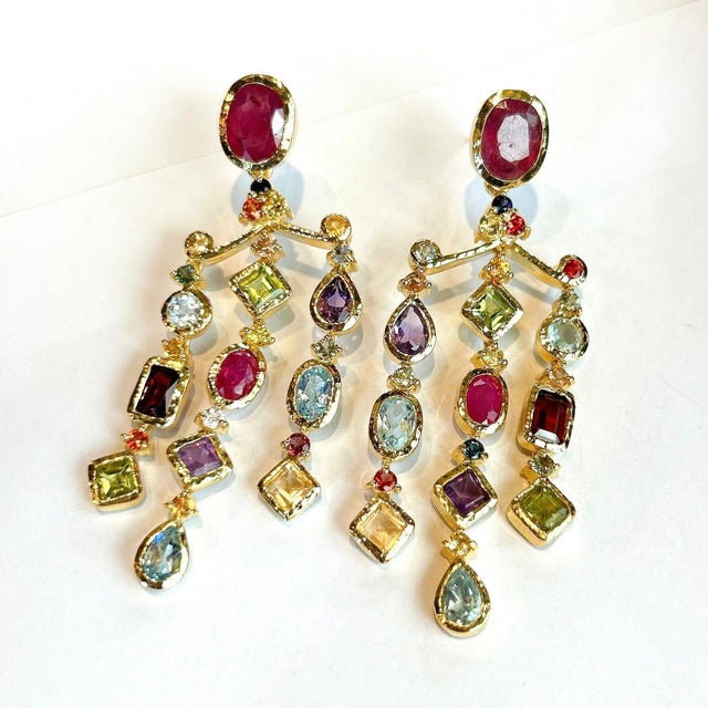 Bochic “Orient” Ruby and Multi Gem Chandelier Earrings Set 18K Gold & Silver - 2 Pieces For Sale - Image 4 of 7