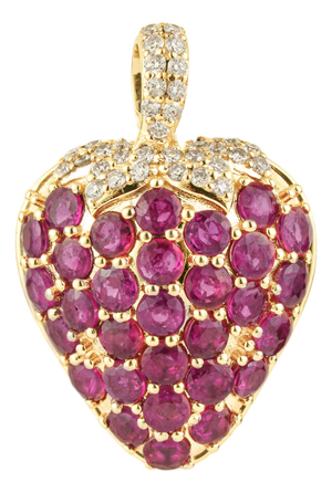 Whimsical Ruby Strawberry Pendant 2.55ct in 14k Yellow Gold With Pave Diamonds