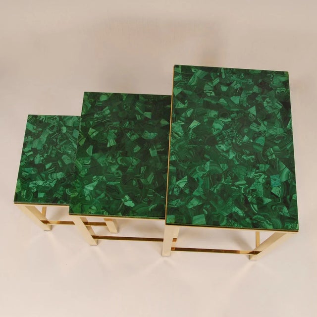 Mid Century Side Table Gold Malachite Nesting Tables Modern Gold Gilded Brass Marble Top Nest Tables French Tariff Free Delivery- Set of 3 For Sale - Image 10 of 12