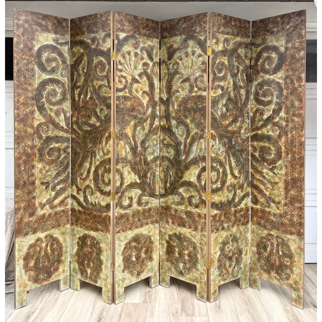 1970s Signed Peacock Relief 6-Panel Folding Screen by K. Walton 12/100 For Sale - Image 18 of 18