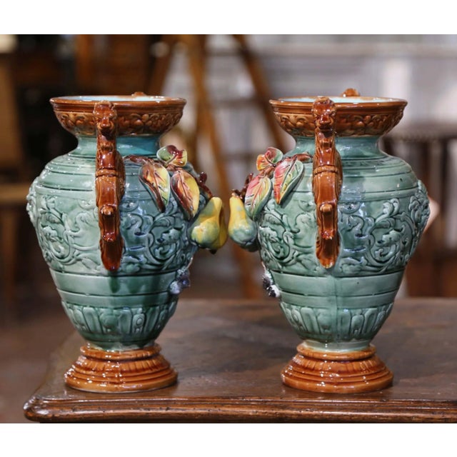 Green Pair of 19th Century French Barbotine Majolica Vases With Pears For Sale - Image 8 of 11