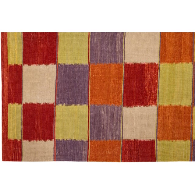 2020s Modern Kilim Handmade Multicolor Geometric Wool Rug For Sale - Image 4 of 7