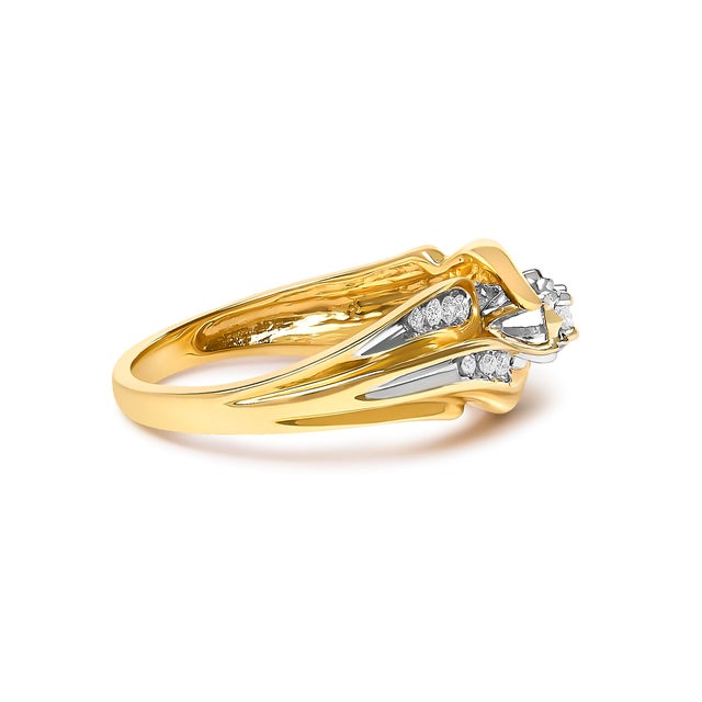 Contemporary 14K Yellow Gold 1/4 Cttw Round Diamond Wave Motif Bypass Ring, Size 7 For Sale - Image 3 of 6