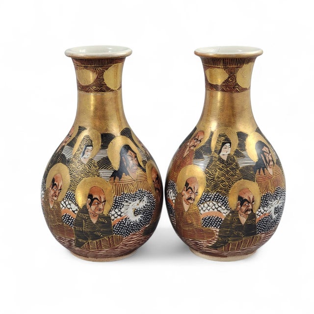 Japanese Satsuma Vases with Raised Gilt and Arhat Motifs, 1890-1910, Set of 2 For Sale - Image 14 of 15