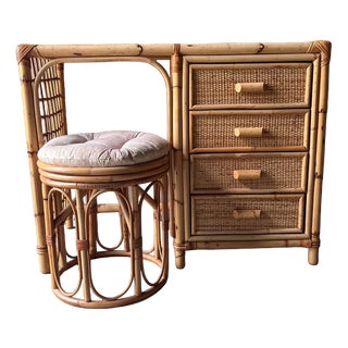 Vintage Bamboo Dressing Table with Drawers and Cushioned Stool, Set of 2 For Sale