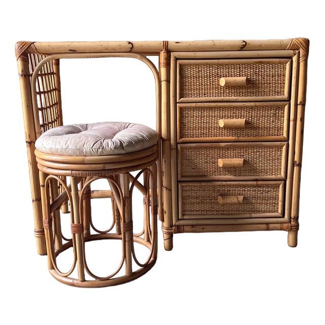 Vintage Bamboo Dressing Table with Drawers and Cushioned Stool, Set of 2 For Sale