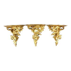 1950s Carved and Quilted Rococo Hollywood Regency Italian Wooden Wall Brackets- Set of 3