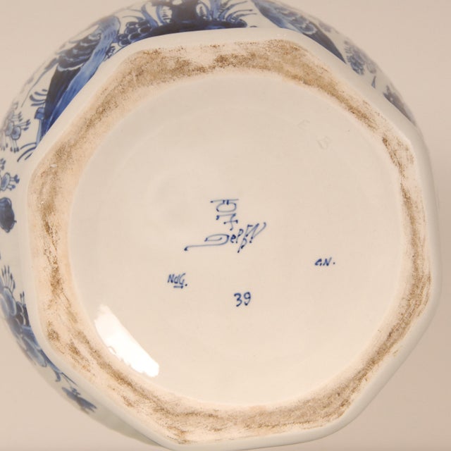 Royal Delft Blue and White Baluster Vase Chinoiserie Flowers Birds Octagonal Base For Sale - Image 10 of 13