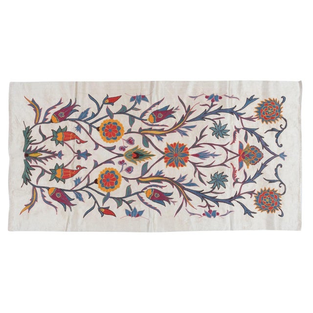 2020s 21"x41" 100% Silk Wall Hanging with Floral Design, Embroidered Uzbek Tapestry For Sale - Image 5 of 5
