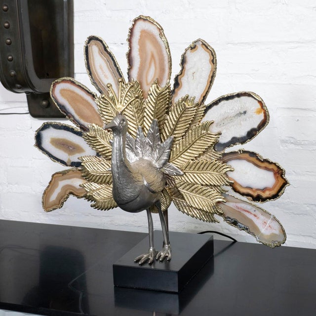 Brass and agate peacock sculpture with lights For Sale In New York - Image 6 of 11