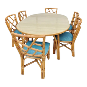 1960s Round Rattan Dining Table With 6 Rattan Dining Chairs and 1 Wide Leaf - Set of 8