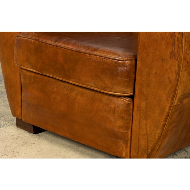 1930s French Art Deco Scalloped Back Cognac Leather Club Chairs, Pair For Sale - Image 13 of 18