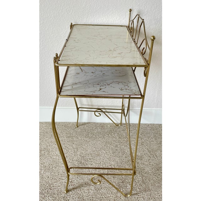 Brass Hollywood Regency Mid Century Pearl-Wick Brass Bathroom Toiletry Stand With Marbleized Shelving For Sale - Image 8 of 13