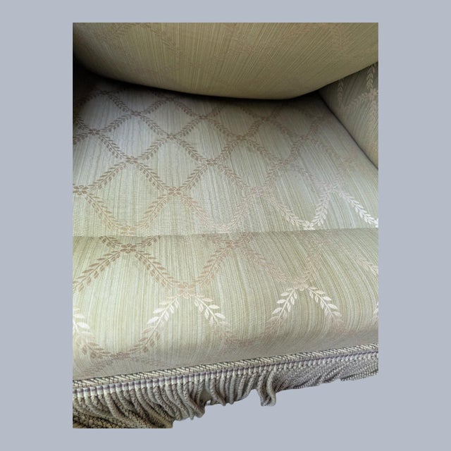 1980s Elegant Custom Made Gold Trellis Pattern Deep Seat Armchair With Bullion Fringe and Slip Covers For Sale - Image 9 of 10