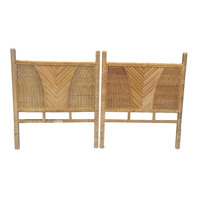 1970s Vintage Mid Century Modern Rattan Wicker Chevron Pencil Reed Twin