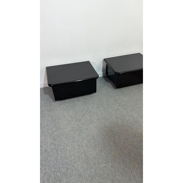 Vintage Low Italian Wooden Bedside Tables with Glossy Lacquered Finish, 1970s, Set of 2 For Sale - Image 9 of 14