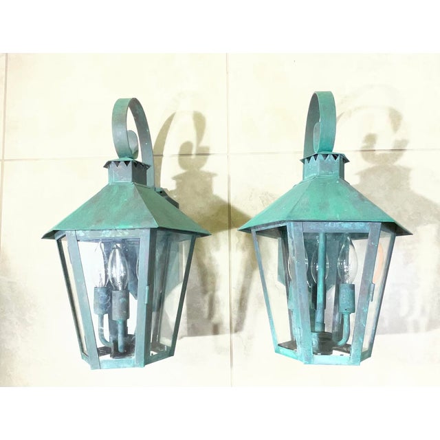 1980s Vintage Solid Copper & Brass Outdoor Lantern Sconces / 18”h X 11”w X 12”d For Sale - Image 5 of 18