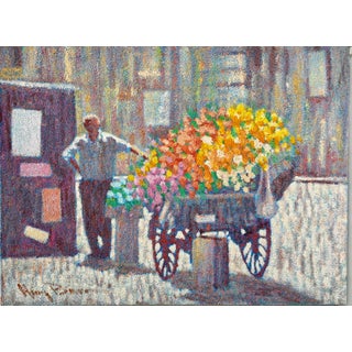 Henry Benson, Large Pointillism Oil Painting Flower Seller and Cart Henry Benson Americana Art, For Sale