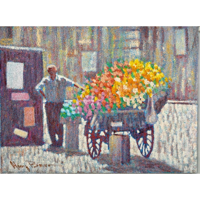 Henry Benson, Large Pointillism Oil Painting Flower Seller and Cart Henry Benson Americana Art, For Sale