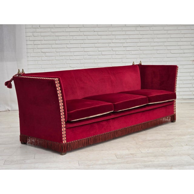 Danish Three-Seater Drop Arm Spanish Sofa in Red Furniture Velour, 1970s For Sale - Image 4 of 18