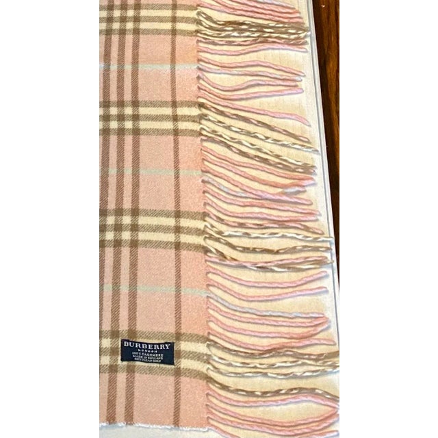 Light Pink Burberry “Happy” Cashmere Scarf With Full Fringe, Made in England, 100% Cashmere, Baby Pink/Bone/Blue/Taupe For Sale - Image 8 of 11