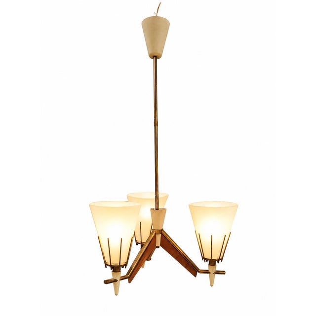 Mid-Century Modern Mid-Century Scandinavian Chandelier in Wood, Brass and Opaline Glass, 1950s For Sale - Image 3 of 6