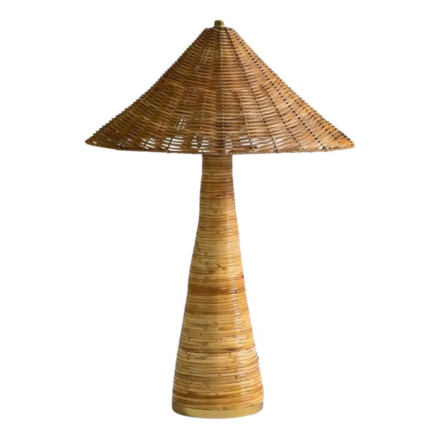 Shroom 002 Rattan Table Lamp Wicker Shade, Mushroom Shaped, Mid Century Modern Style For Sale