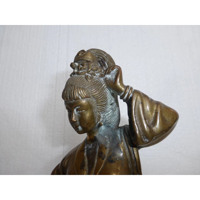 Metal Vintage Asian Woman Figurine Holding Basket Bronze Sculpture For Sale - Image 7 of 12