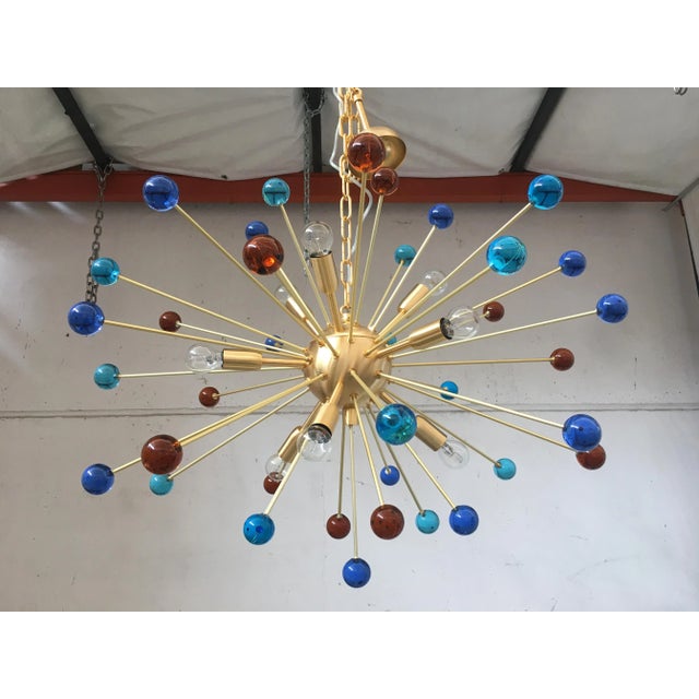 Brass Italian Murano Glass Sputnik Multicolors in Brushed Brass Chandelier For Sale - Image 8 of 13