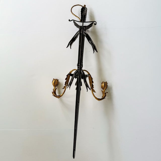 Black Hollywood Regency Gilt Iron Sword Form Two Arm Candle Wall Sconce, 36”h For Sale - Image 8 of 11