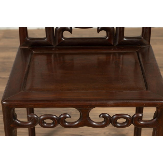 Wood Chinese Antique Rosewood Side Chair with Open Fretwork and Marble Medallion For Sale - Image 7 of 13