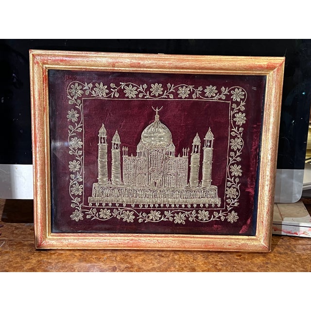 Gold Vintage Giltwood Framed Zardozi Velvet & Gold Thread Embroidery Art Piece Depicting the Taj Mahal. For Sale - Image 8 of 9