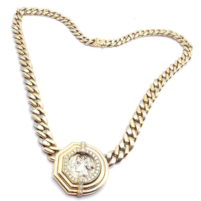 Bulgari Antique Coin Monete Diamond Yellow & White Gold Link Chain Necklace For Sale - Image 10 of 17
