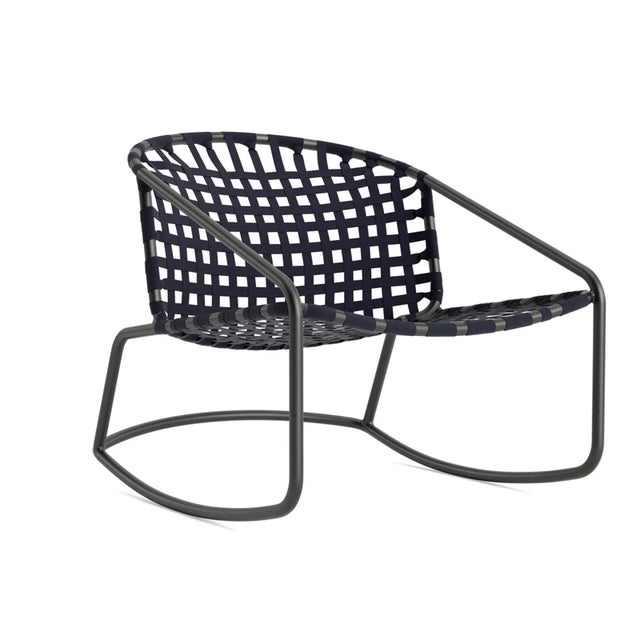Brown Jordan Kantan Aluminum Suncloth Motion Lounge Chair, Textured Pewter frame with Marine fabric For Sale - Image 12 of 12