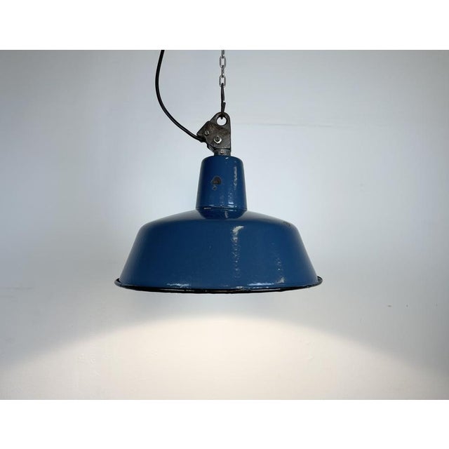 Blue Industrial Blue Enamel Factory Lamp with Cast Iron Top, 1960s For Sale - Image 8 of 14