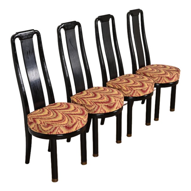Henredon Hollywood Regency Chinoiserie Ebonized Walnut High Back Dining Chairs, Set of Four For Sale