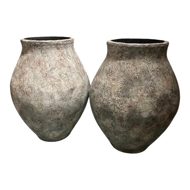 Pair of Antique-Inspired Weathered Terracotta Ovoid Planters For Sale