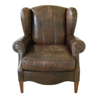 Distressed Worn Brown Leather Wingback Club Chair For Sale