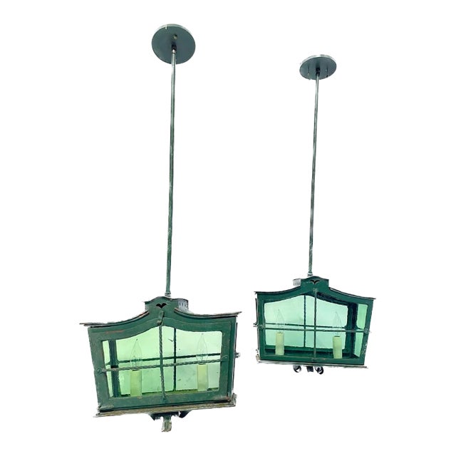 Pair of Antique French Green Lantern Pendants For Sale