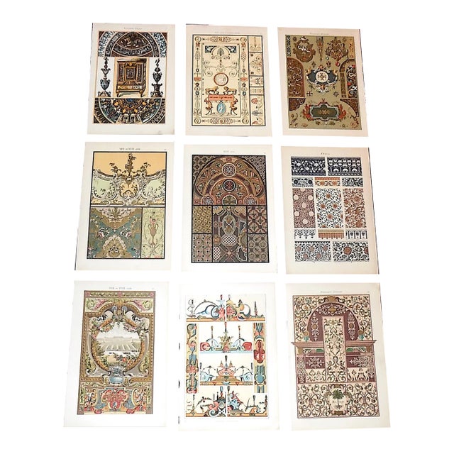 Antique 19th Century Folio Size Ornamental Design Lithographs - Matallic Inks - Set of 9 For Sale