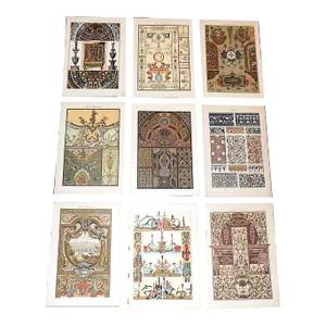 Antique 19th Century Folio Size Ornamental Design Lithographs - Matallic Inks - Set of 9
