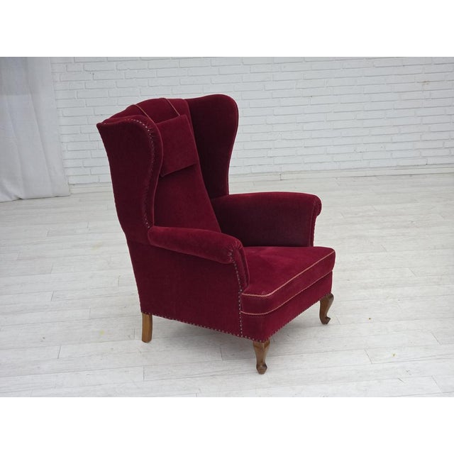 Wood Danish Highback Wingback Armchair in Cherry-Red Velour, 1960s For Sale - Image 7 of 18
