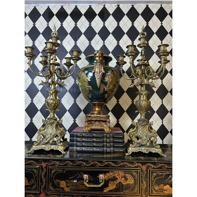 Brass Pair of Grand Scale Brass Rococo Revival Six-Light Candelabra, 28"h For Sale - Image 8 of 15